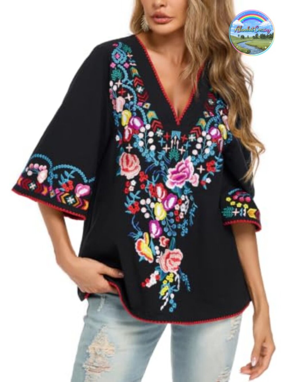 Boho Embroidered Peasant Blouse Tunic 3/4 Sleeve V-Neck Pullover